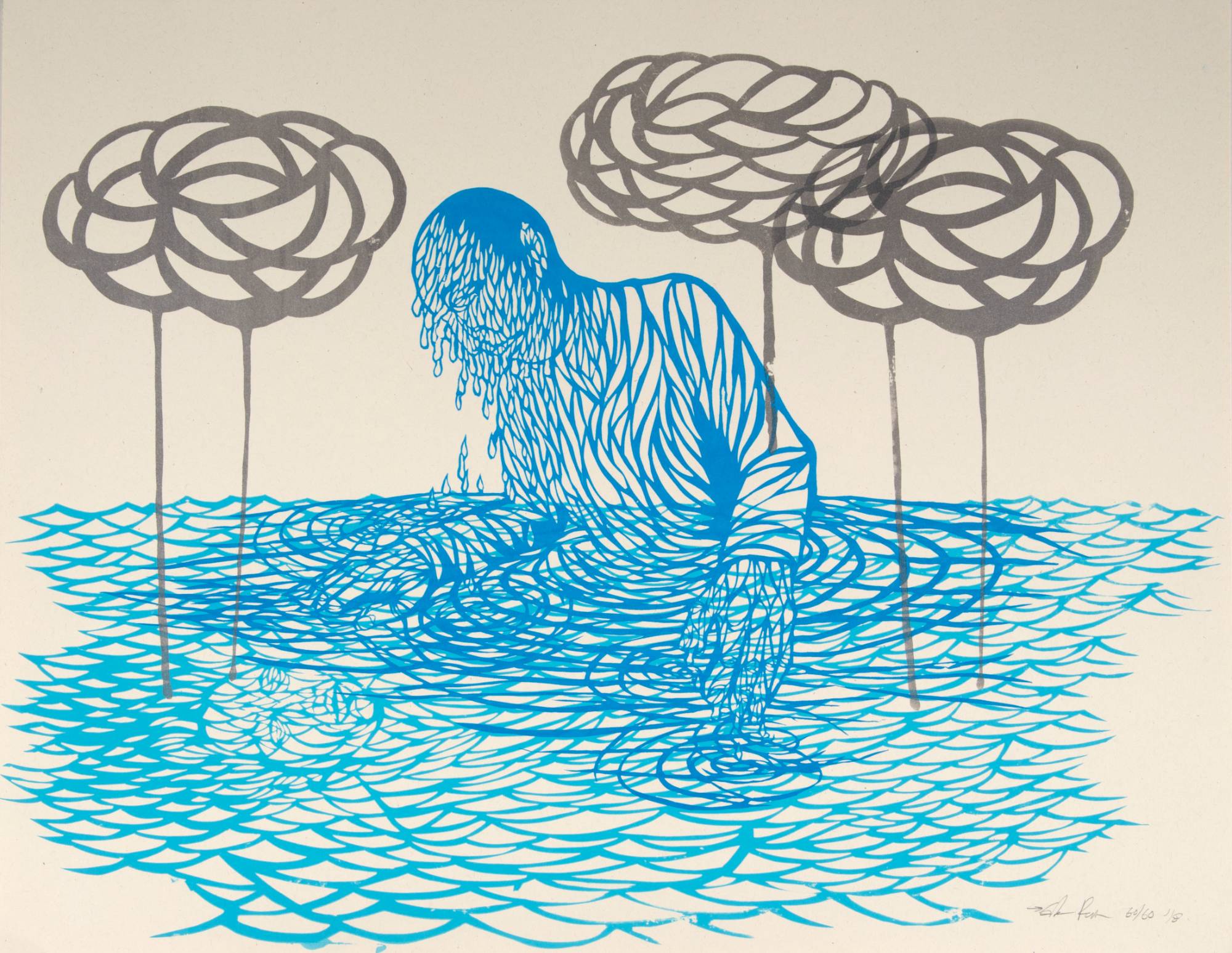 Print of a man melting into blue water with grey clouds above him.